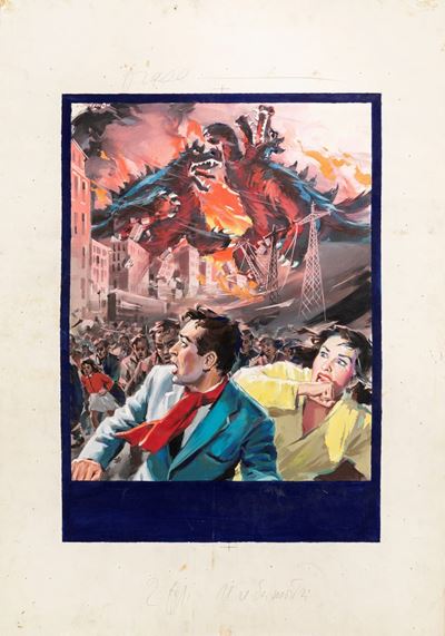 Bozzetto originale per locandina di 'Il re dei mostri' (Godzilla Raids Again), tempera su cartonc...