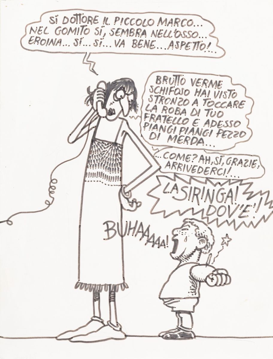 Andrea Pazienza - La siringa - Matita e pennarello su cartoncino e carta