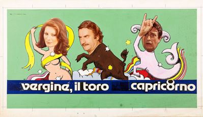 Bozzetto per locandina, La vergine, il toro e il capricorno, tempera e collage fotografico su car...