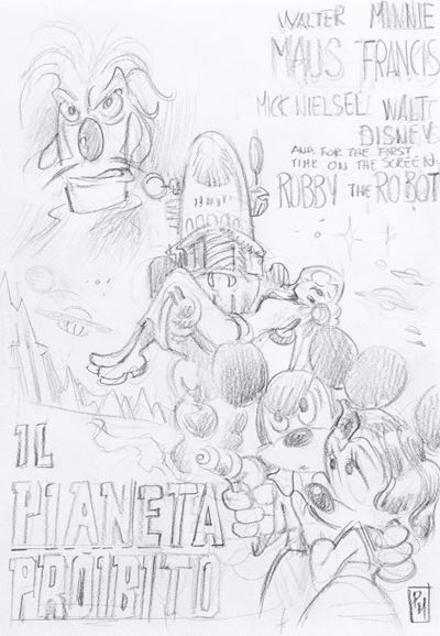 Il pianeta proibito - Disegno preliminare in matita su carta