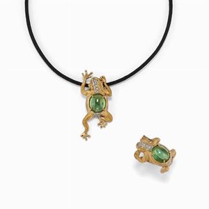 A 18K two-color gold, green tourmaline and diamond demi-parure