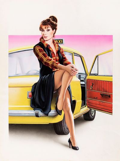 Michele Massimo Tarantini, Taxi Girl - Bozzetto originale per locandina Home Video, tempera su ca...