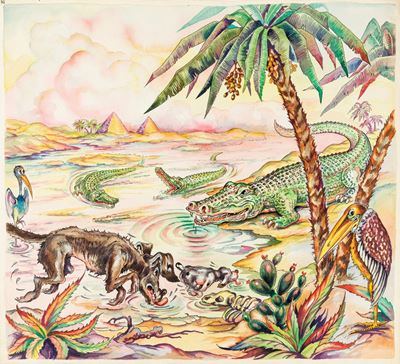 Illustrazione originale per 'Favole esopiane' - I cani e i coccodrilli, matita, china e acquerell...