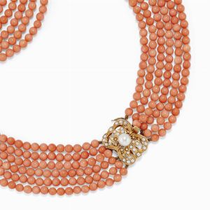 Collana in oro 14k, perle coltivate e corallo