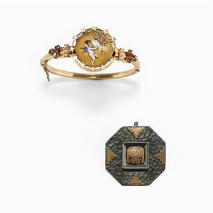 Bracciale e spilla in argento, oro bassa caratura, microperle, pietre colorate e smalto