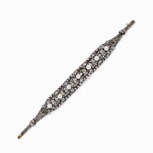  - Bracciale in argento, oro 18k, perle e diamanti, xix secolo