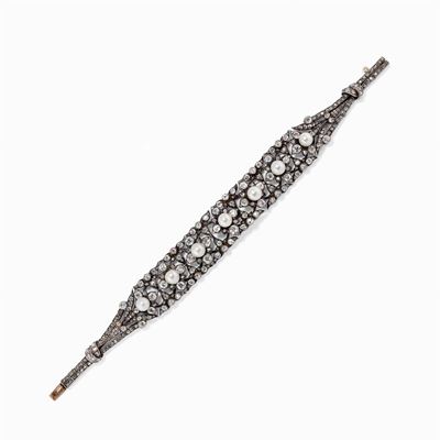 Bracciale in Argento, Oro 18k, Perle e Diamanti, XIX Secolo