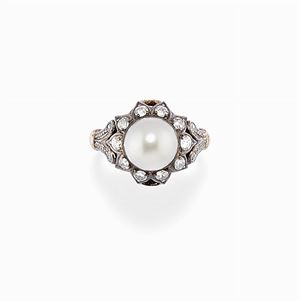  - Anello in argento, oro 18k, perla coltivata e diamanti