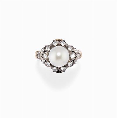 Anello in Argento, Oro 18k, Perla Coltivata e Diamanti