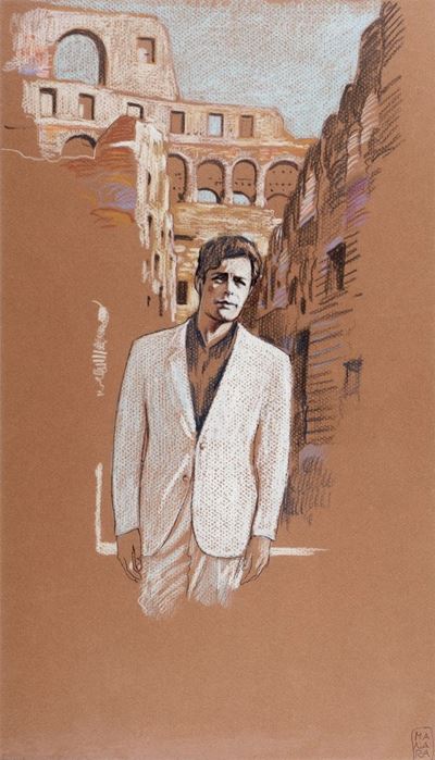 Marcello Mastroianni - carboncini colorati su cartoncino marrone