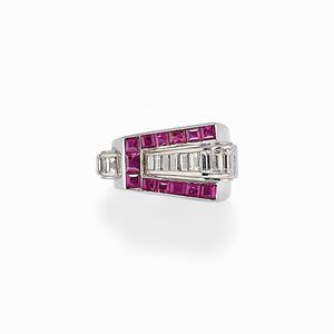 A 18K white gold, ruby and diamond ring, circa 1940