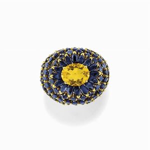 Anello in oro 18k, zaffiri e quarzo citrino
