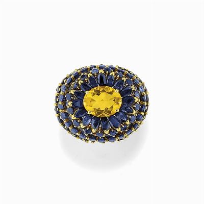Anello in Oro 18k, Zaffiri e Quarzo Citrino