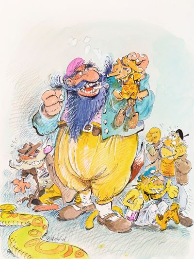 Pinocchio e Mangiafuoco, pastelli, china e acquerello su cartoncino