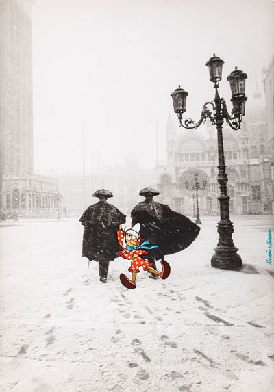 Pinocchio e i Carabinieri a Venezia, tempera su stampa fotografica