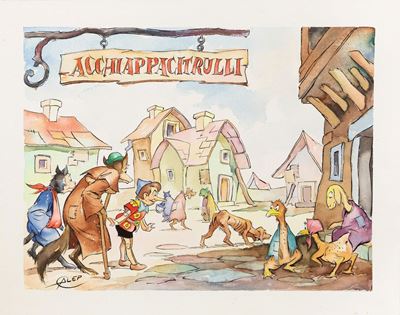 Pinocchio nel paese di Acchiappacitrulli, china e acquerello su cartone