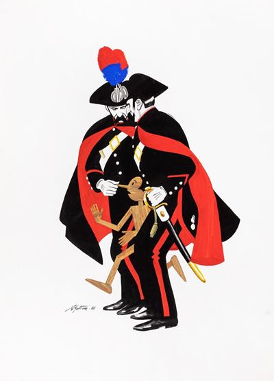 Pinocchio e i Carabinieri, tempera su cartoncino