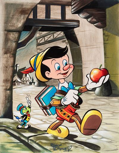 Pinocchio e il Grillo parlante, tempera su cartone