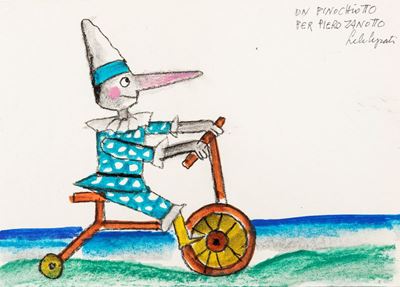 Pinocchio in bicicletta, carboncino e pastelli a cera su cartoncino
