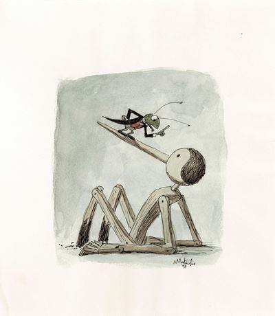 Pinocchio e il Grillo parlante, china e acquerello su cartoncino