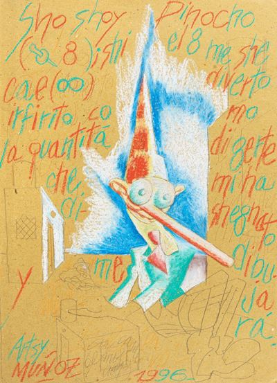 Pinocchio argentino, matita e pastelli a cera su carta beige, 1996