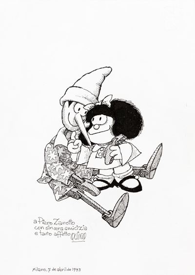 Pinocchio e Mafalda - Matita e china su cartoncino
