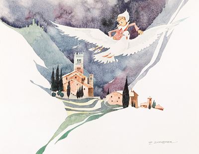 Pinocchio sul colombo - Acquerello su cartoncino, 1991