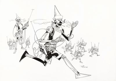Pinocchio meccanico, matita e china su cartoncino