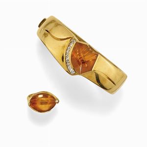 Parure in oro 18k, quarzi citrini e diamanti