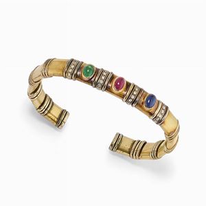 Bracciale in argento 925, oro 18k, rubini, zaffiri, smeraldi e diamanti