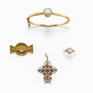 Ltto in oro bassa caratura, 18k, perle, pietre rosse e diamanti 