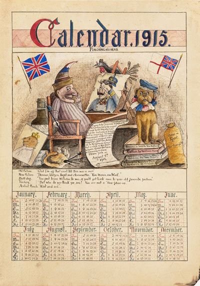 J.G., Calendar 1915: Punching his head, china e acquerello su cartoncino