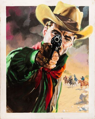 Bozzetto originale per 'La morte cavalca a Rio Bravo', tempera su cartone