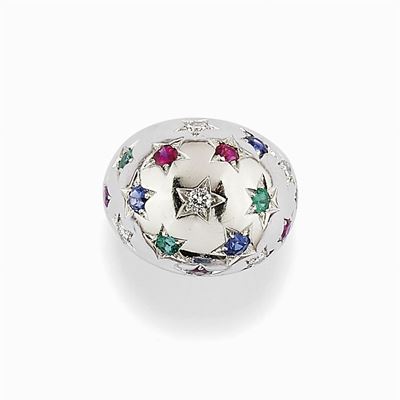 Anello in Oro Bianco 18k, Smeraldi, Zaffiri, Rubini e Diamanti
