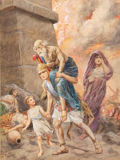 L'Iliade - La fuga di Anchise, matita, china, acquerello e tempera su cartoncino, 1930