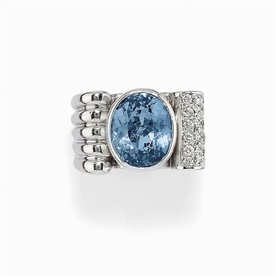 Anello in Oro Bianco 18k, Topazio Azzurro e Diamanti