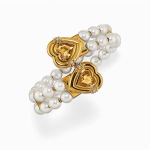  - Bracciale in oro 18k, perle coltivate, quarzi citrini e diamanti