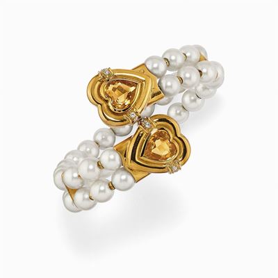 Bracciale in Oro 18k, Perle Coltivate, Quarzi Citrini e Diamanti
