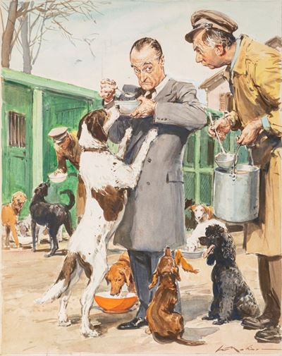 Totò e i suoi cani, tempera e acquerello su cartoncino
