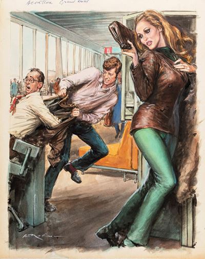 Illustrazione di Jean-Paul Belmondo e Ursula Andress, tempera e acquerello su cartoncino