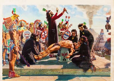 Sacrificio umano Azteco, acquerello e tempera su cartoncino applicato a cartone