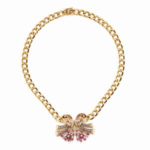 Collana in oro giallo e rosso 18k, argento, diamanti e rubini