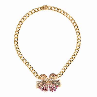 Collana in Oro Giallo e Rosso 18k, Argento, Diamanti e Rubini