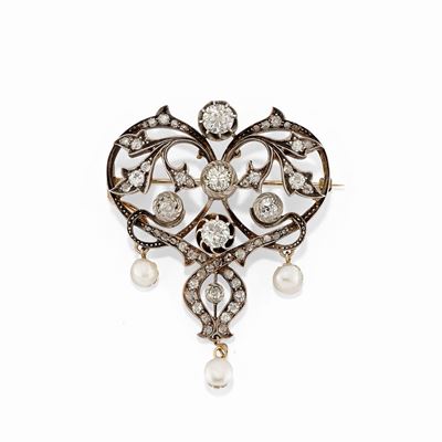 Spilla-pendente in Oro Rosso 18k, Argento, Diamanti e Perle, XIX Secolo