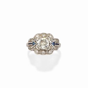 A platinum, diamond and sapphire ring, 20th Century