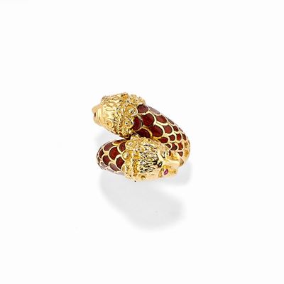 Anello in Oro Giallo 18k, Rubini e Smalto