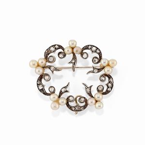 Spilla-pendente in oro giallo 18k, argento, diamanti e perle