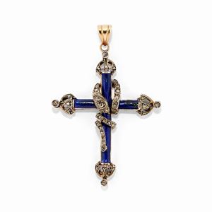 Pendente in oro rosso 14k, argento, diamanti e smalto, XX secolo