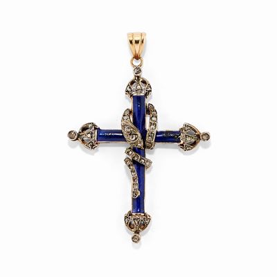 Pendente in Oro Rosso 14k, Argento, Diamanti e Smalto, XX Secolo