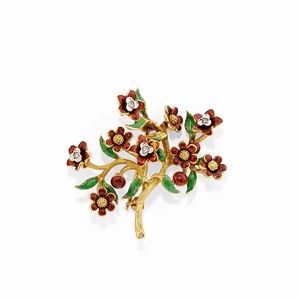  - Spilla in oro giallo 18k, diamanti e smalti